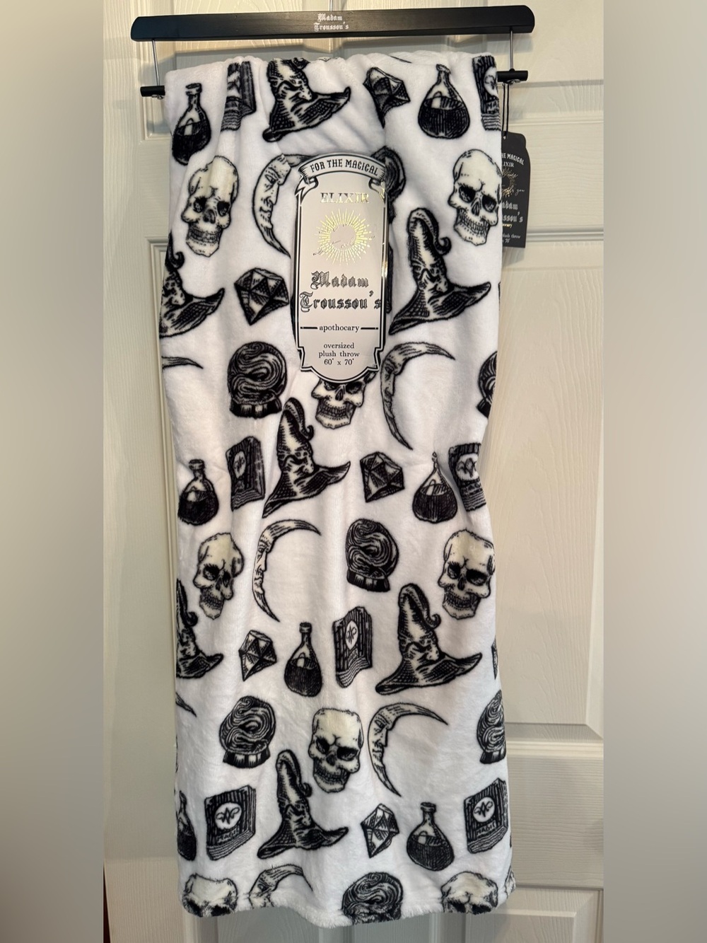 Madam Troussou’s Apothecary Black & White Witchcraft Print Plush Throw Blanket